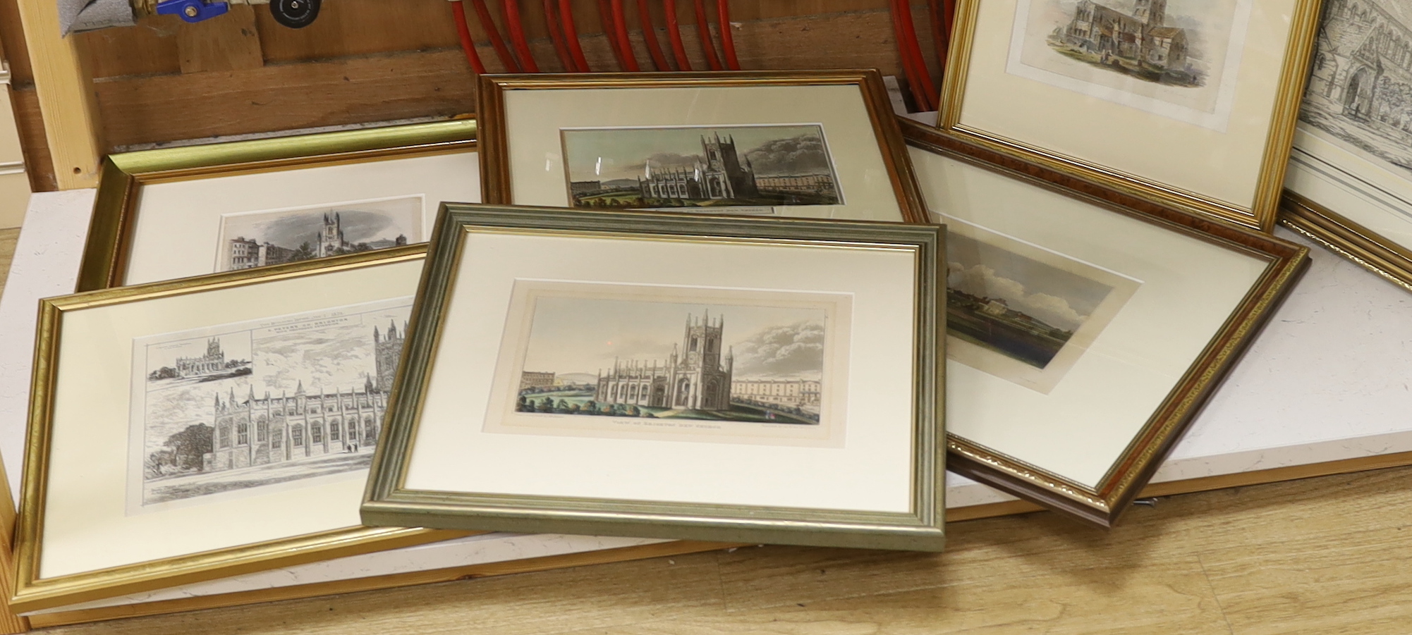 Seven 19th century engravings and prints of Brighton Churches, some hand coloured, including St Peter’s Church, one after John Bruce, View of Brighton New Church and Hove Church from the sea, after Thomas Henwood, publ.